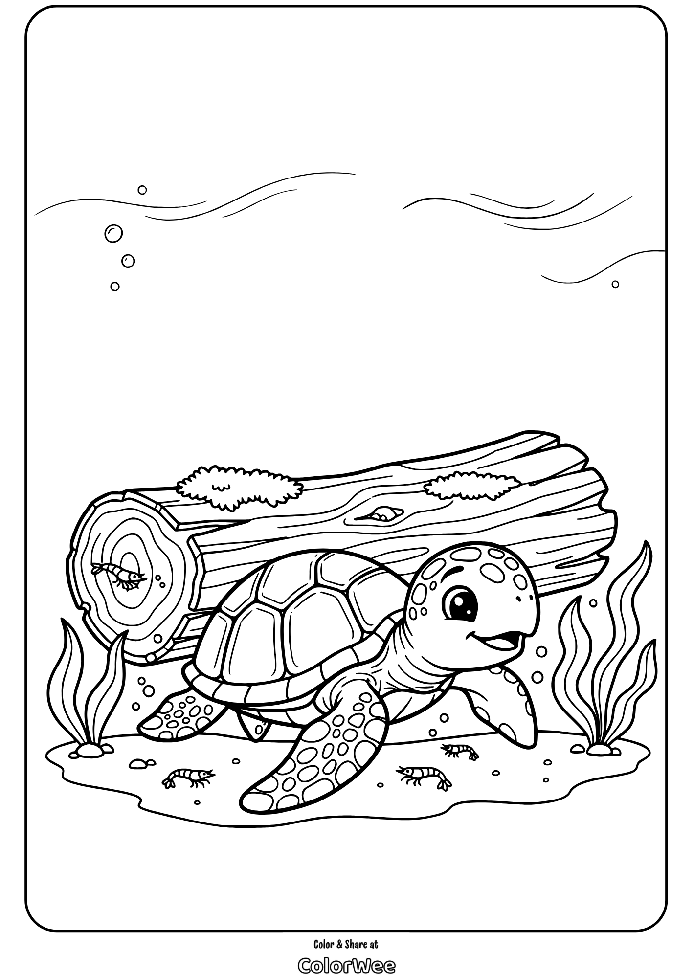 Coloring page of a happy sea turtle under the ocean with a log.