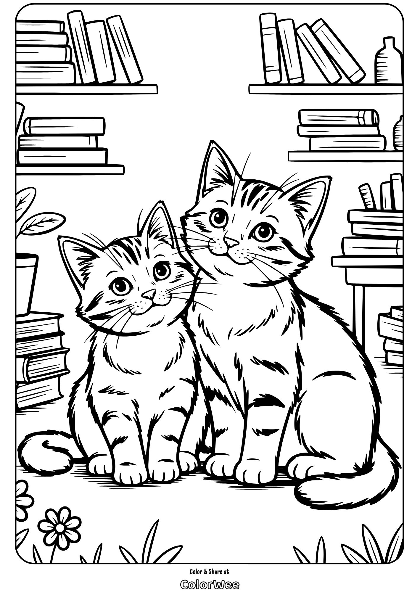 Two cute cats in a library scene coloring page.