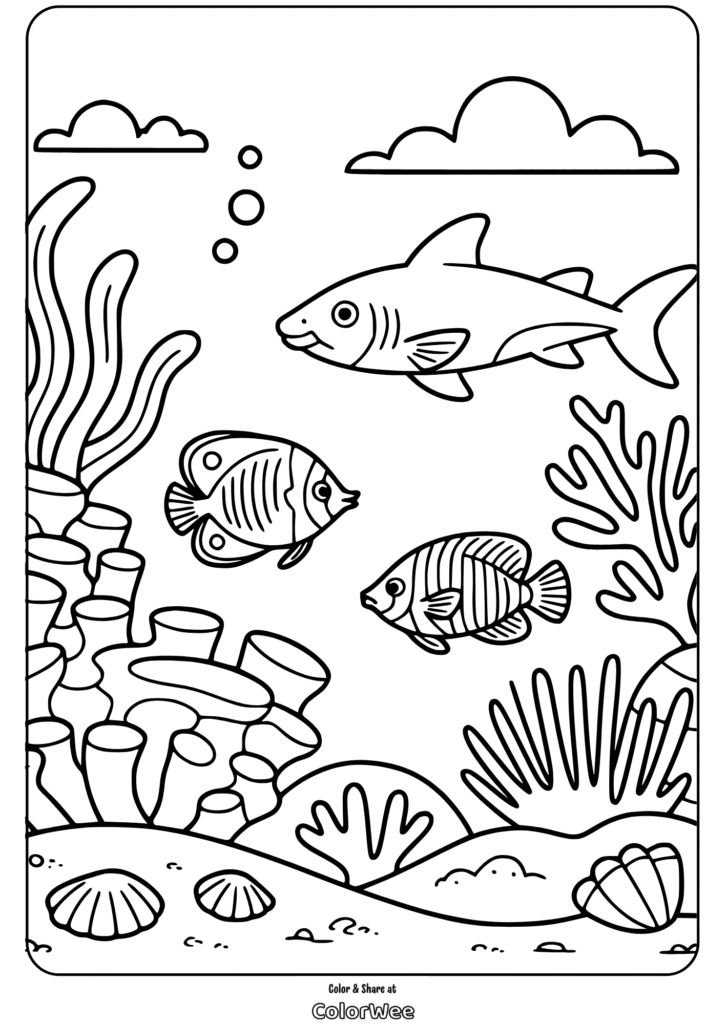 Underwater scene with fish, coral, and shells coloring page.