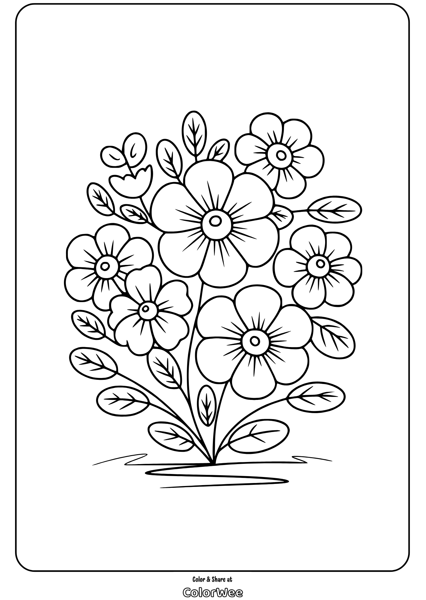 vintage floral ground coloring page Floral coloring page with six blooming flowers and leaves.