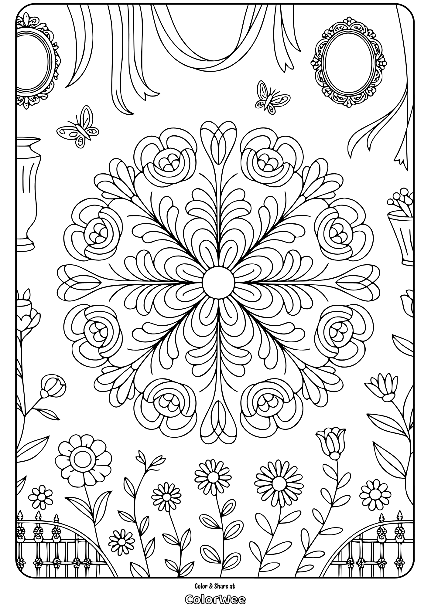 vintage floral harmony butterfly coloring page Floral mandala coloring page with butterflies and decorative elements.