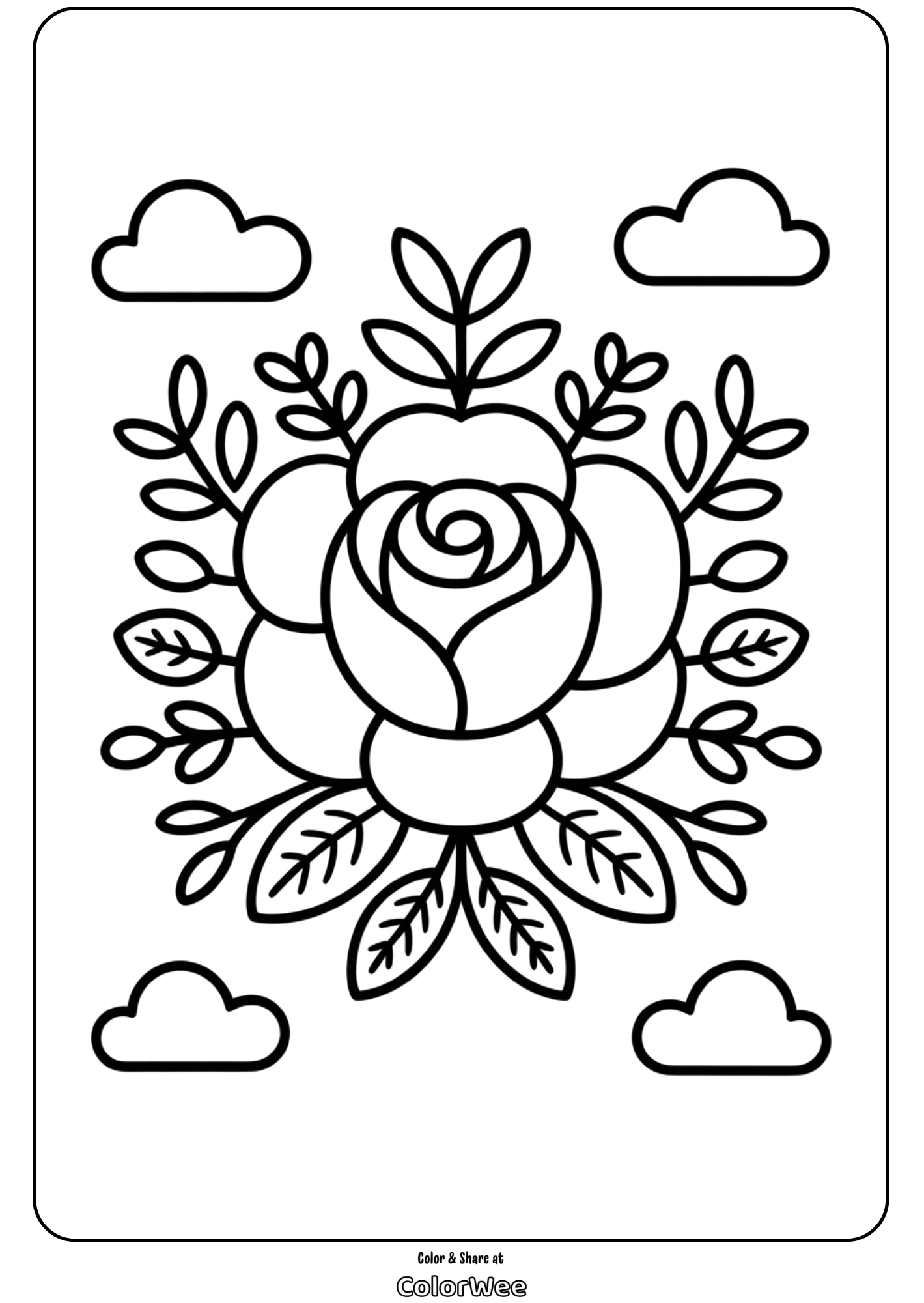 vintage floral pattern rose coloring page Floral coloring page with clouds, perfect for kids and art therapy.