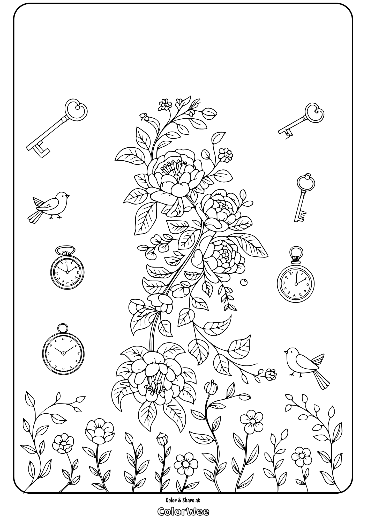 vintage floral victorian bird coloring page Coloring page with flowers, birds, keys, and pocket watches design.