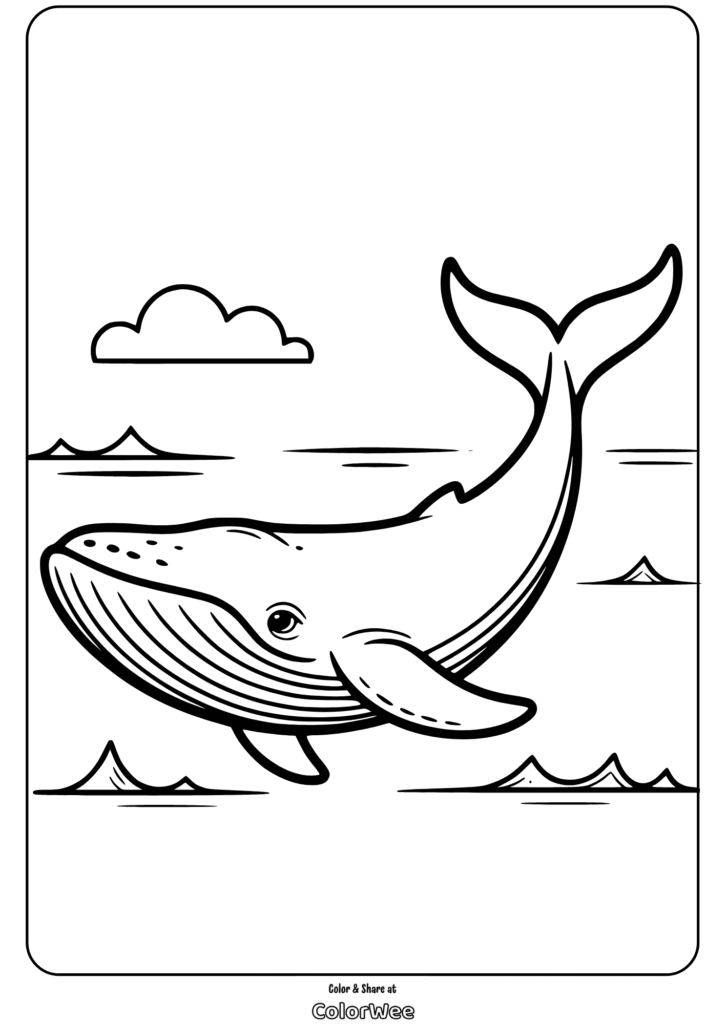 Whale coloring page for kids with waves and clouds.