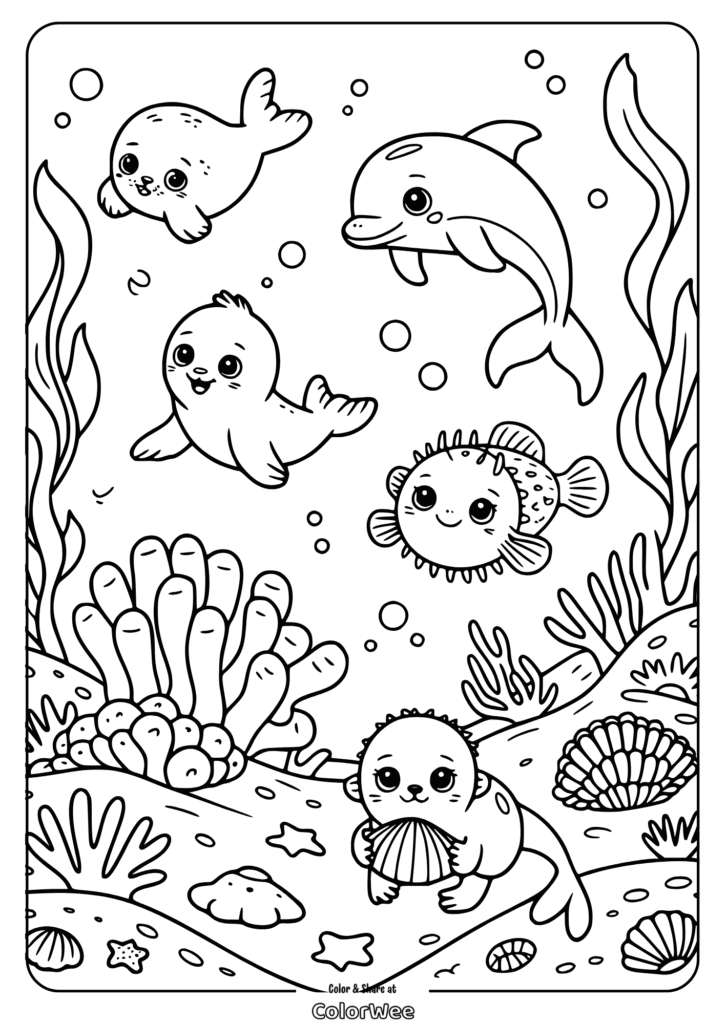 Cute ocean animals coloring page with seal, dolphin, and fish.