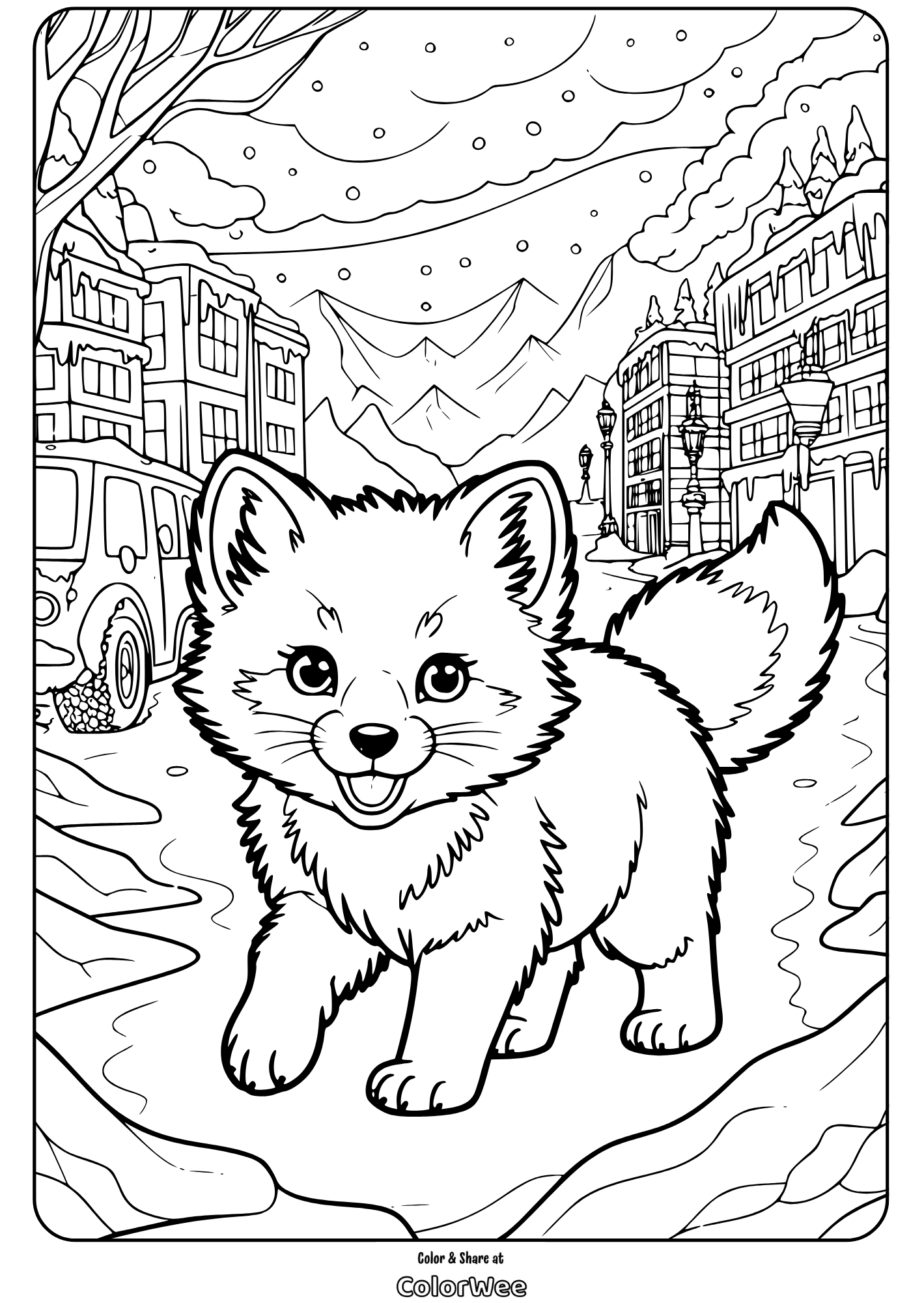 Adorable arctic fox in snowy village coloring page.