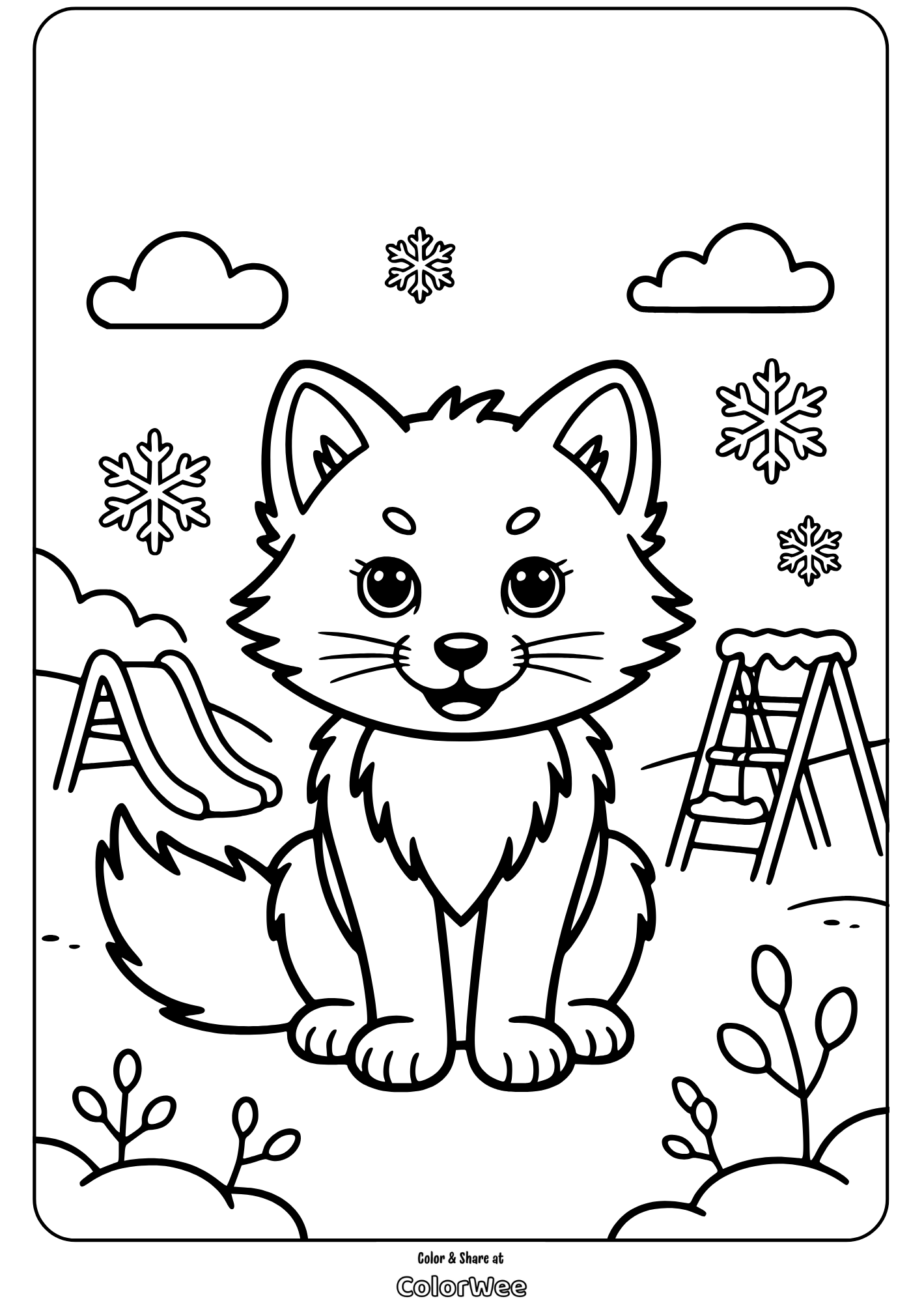 Cute fox in a snowy playground coloring page.
