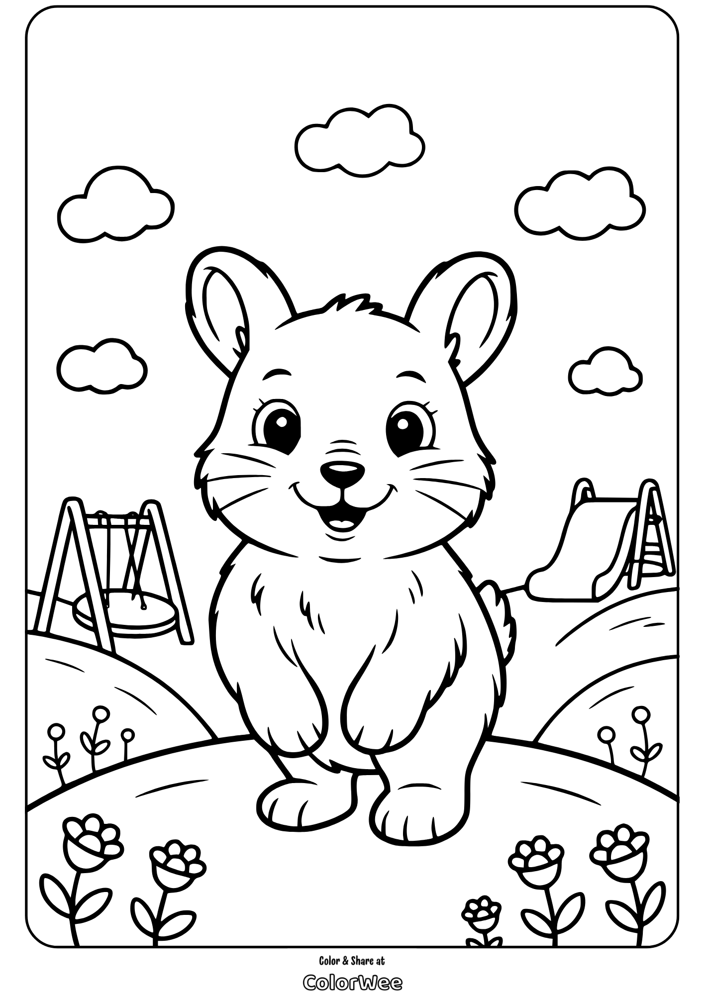 Cute bunny in park coloring page with swings and flowers