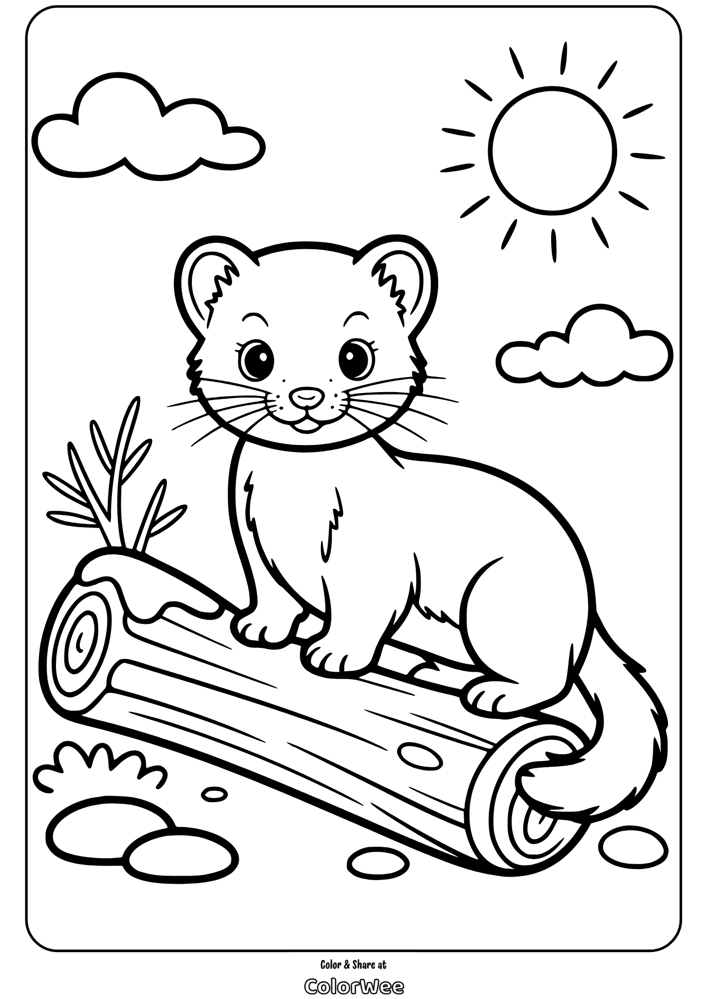 Cute ferret on a log coloring page for kids with sun and clouds background.
