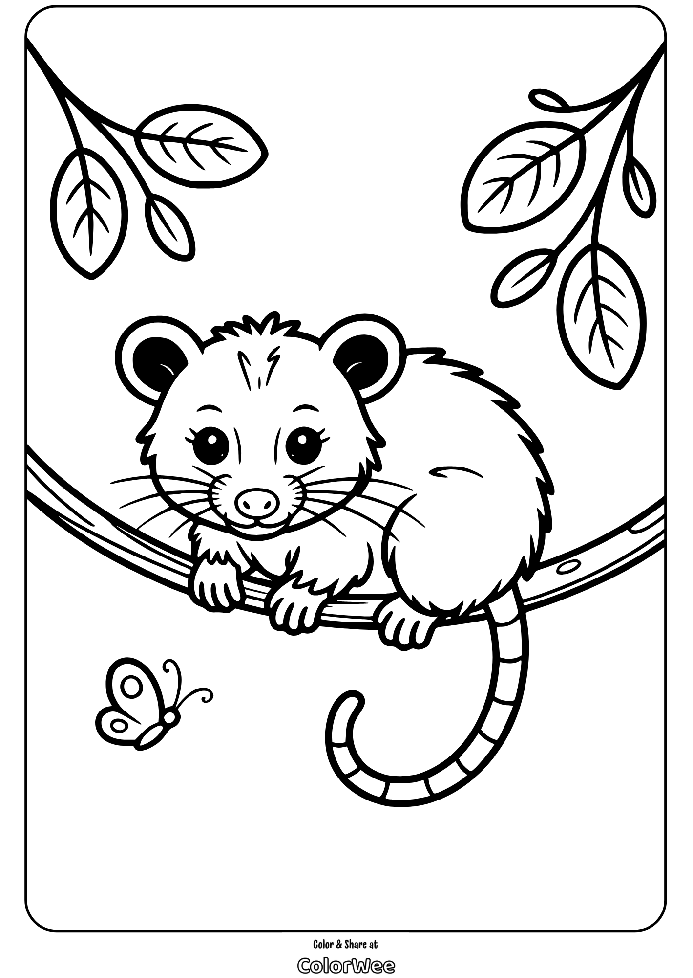 Cute animal on branch coloring page with butterfly and leaves.