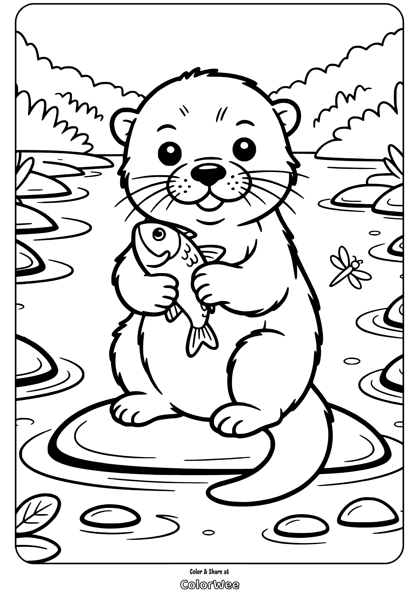 Cute otter holding fish on a riverbank coloring page.