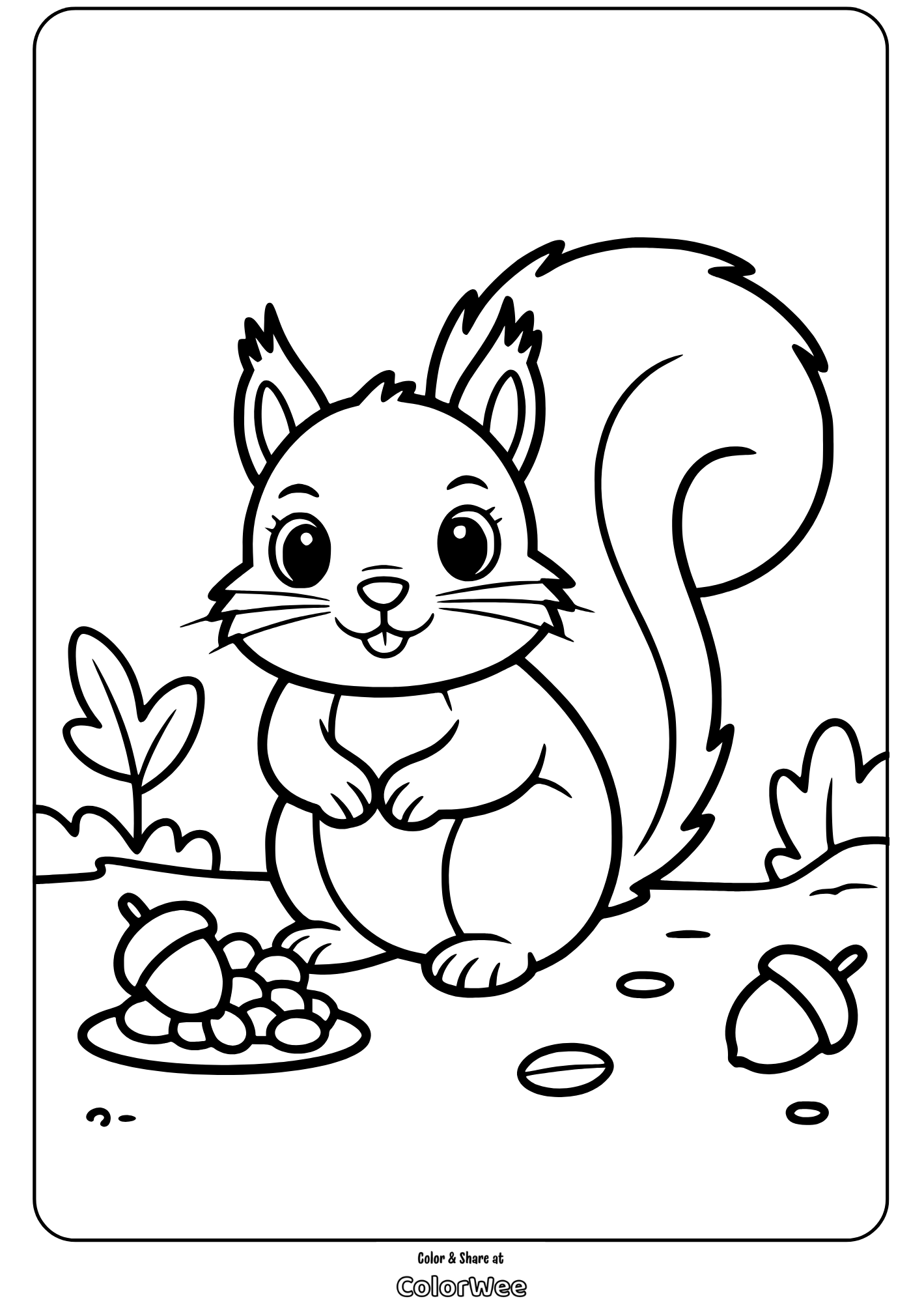 Cute squirrel coloring page with acorns and forest background.