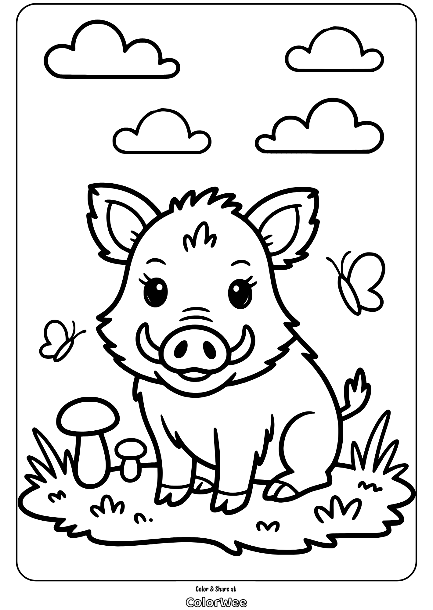 Boar coloring page with butterflies, clouds, and mushrooms.