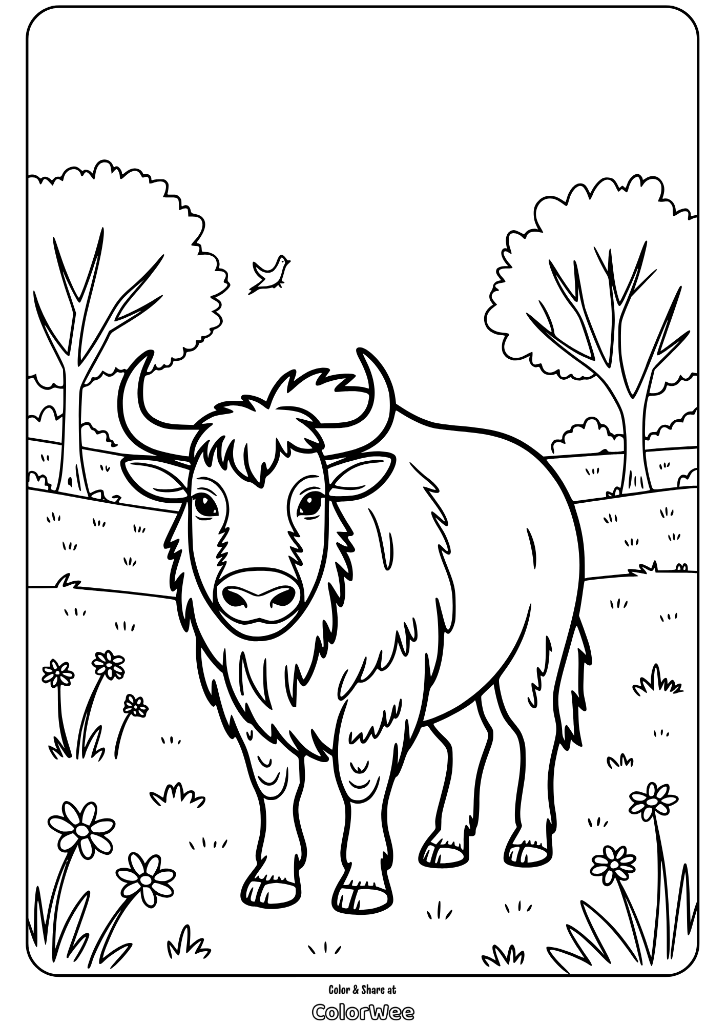 Yak in field coloring page with trees and flowers.