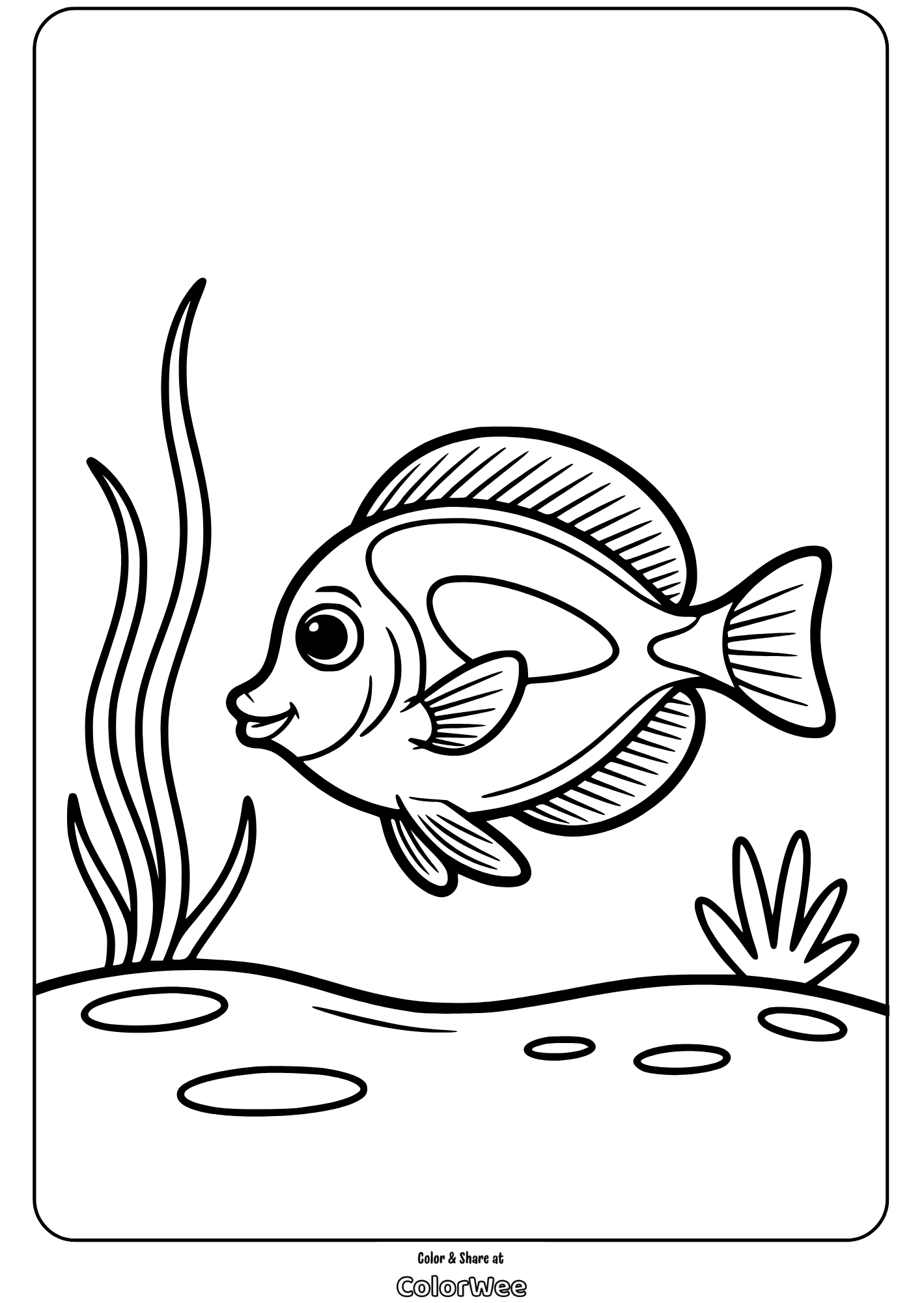 Coloring page of a cartoon fish swimming near underwater plants.
