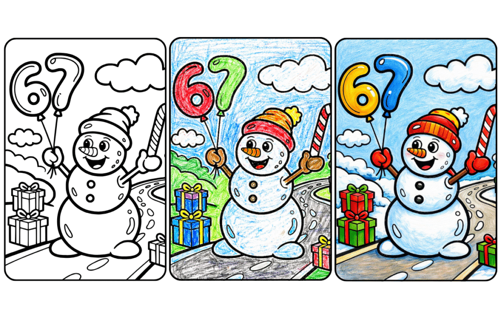 67 coloring page featuring snowman.