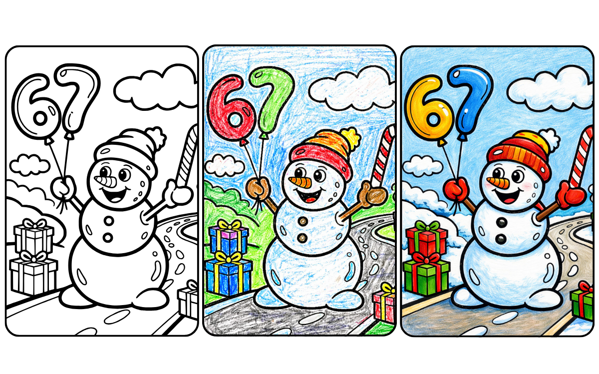 67 coloring page featuring snowman.