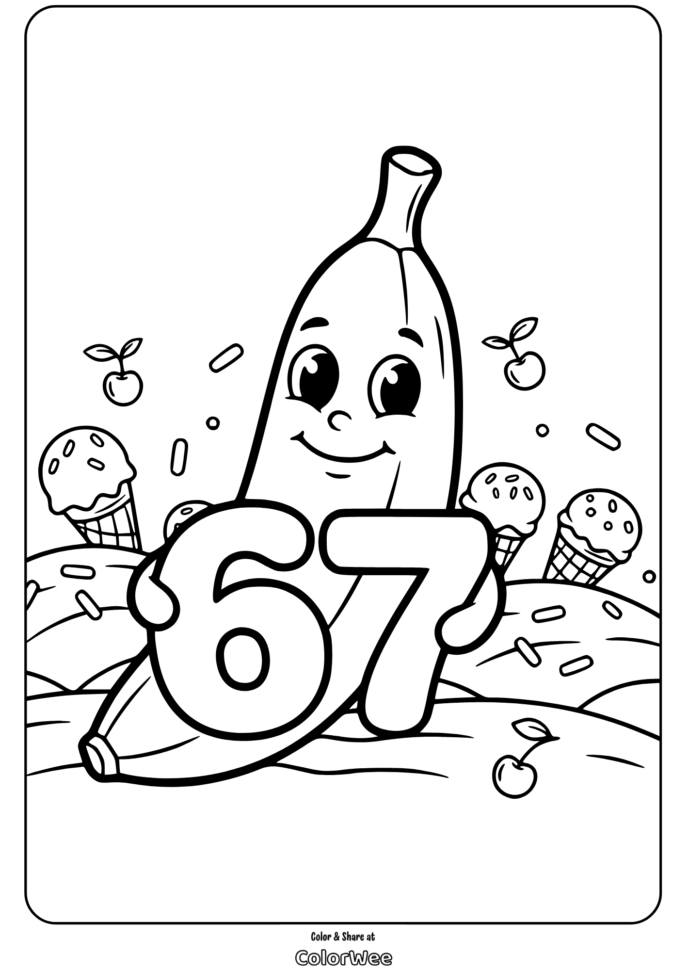 Smiling banana with number 67, surrounded by ice cream and fruits.