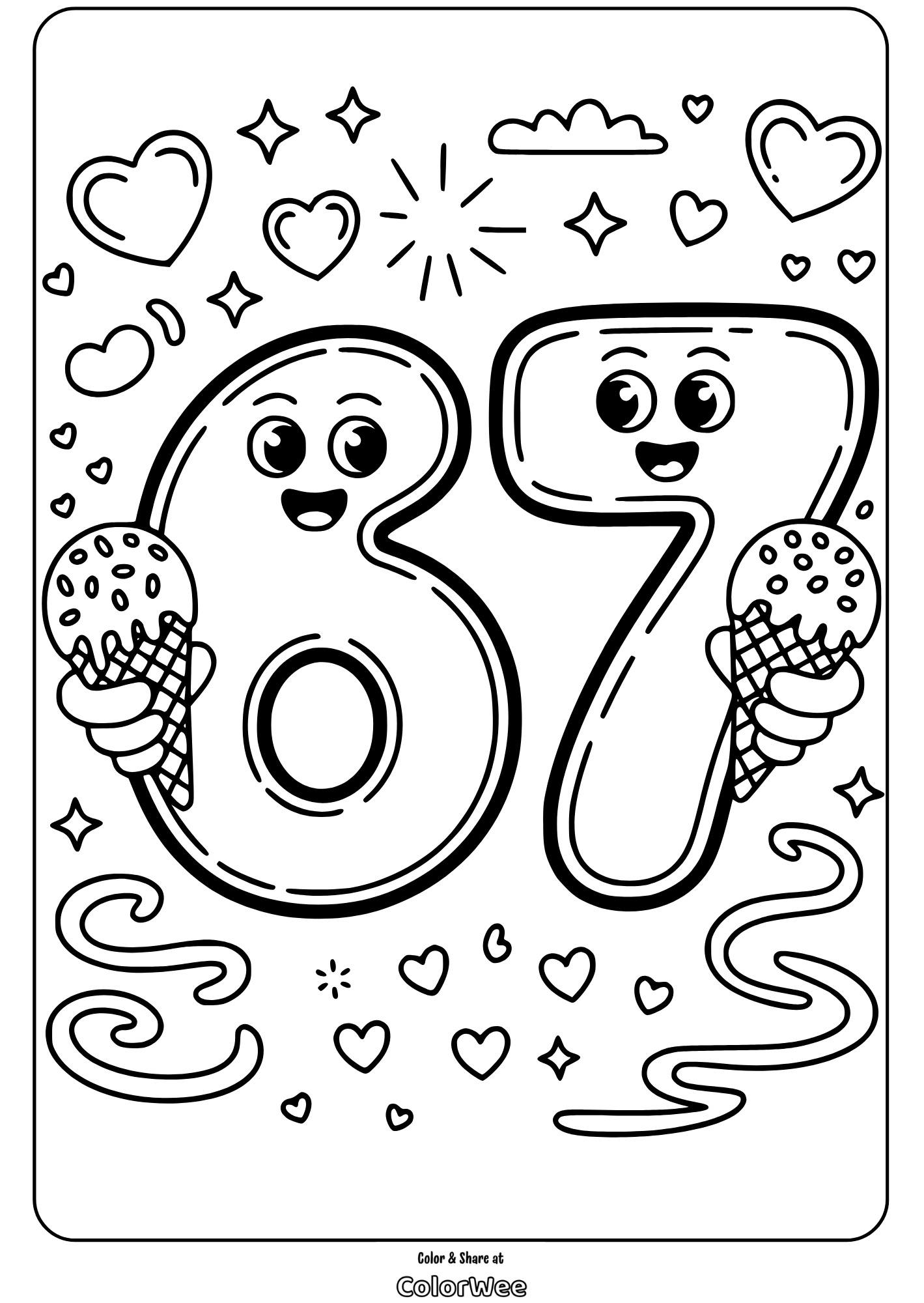 Happy numbers 8 and 7 with ice cream, hearts, and stars coloring page.