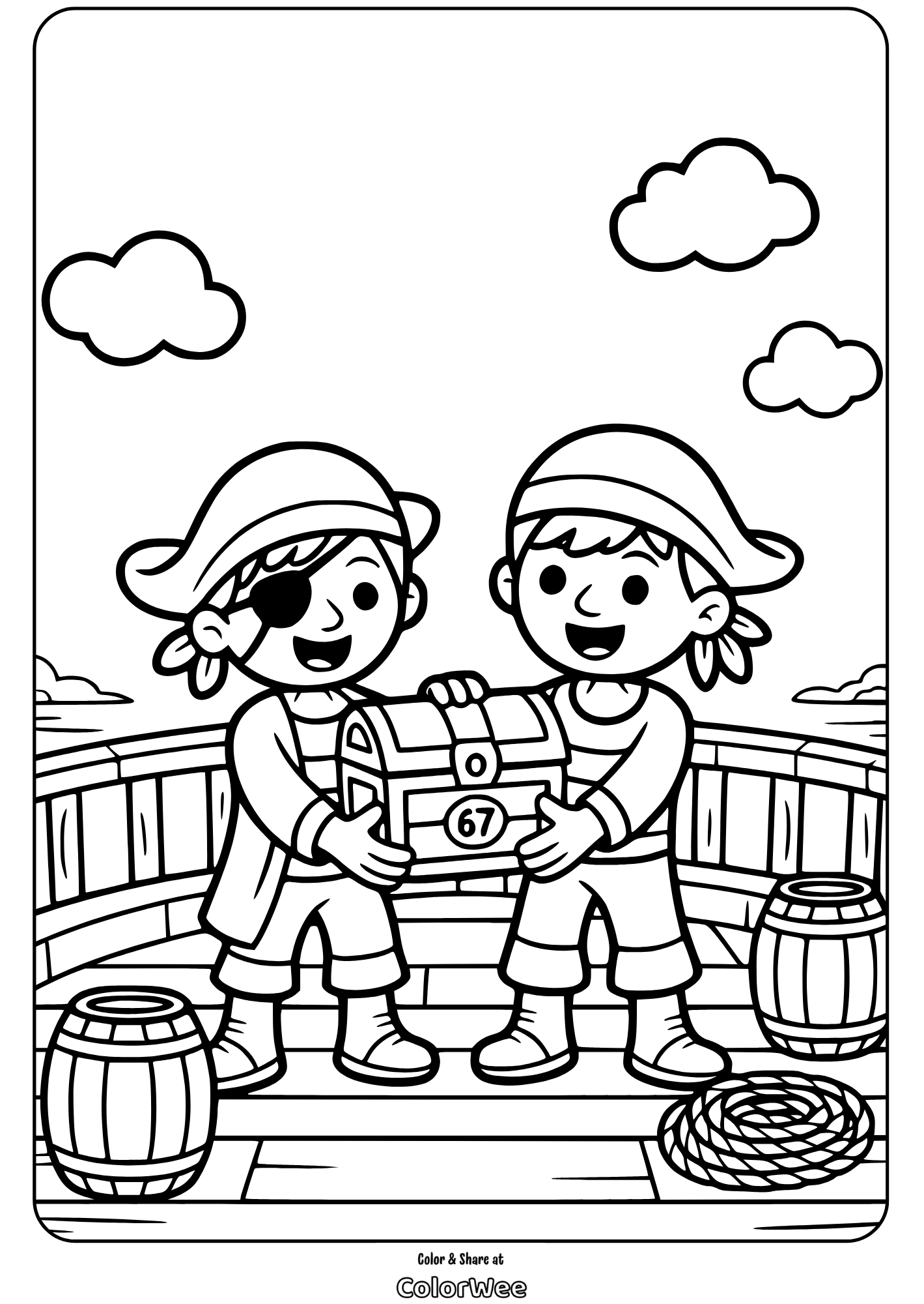 Pirate kids holding treasure chest coloring page.