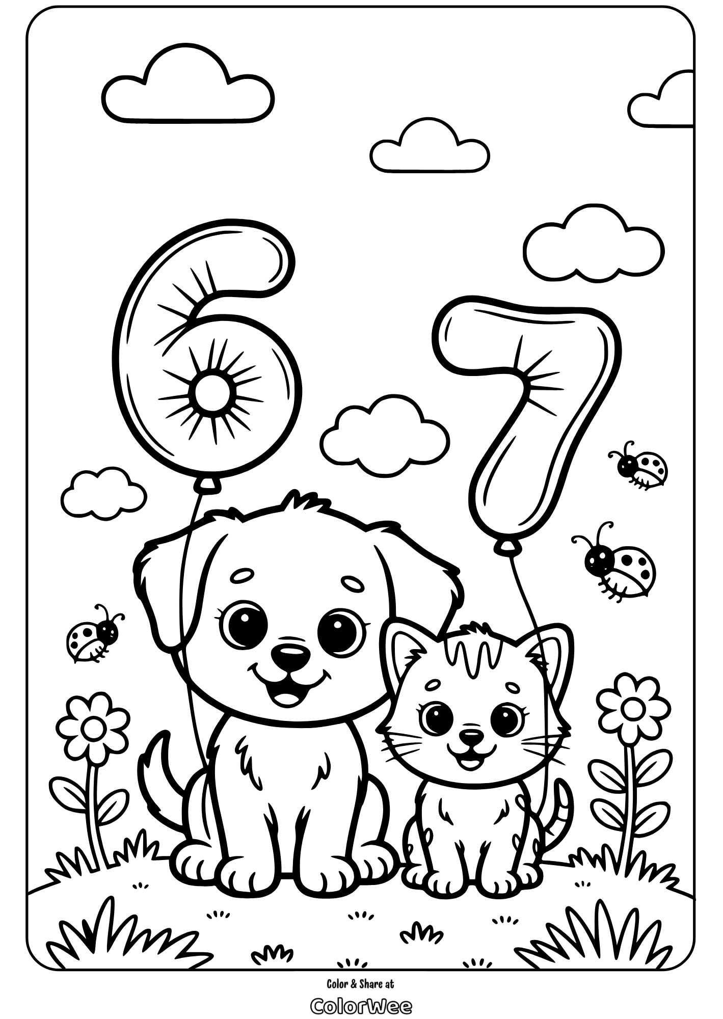 Cute puppy and kitten with balloons coloring page for kids.