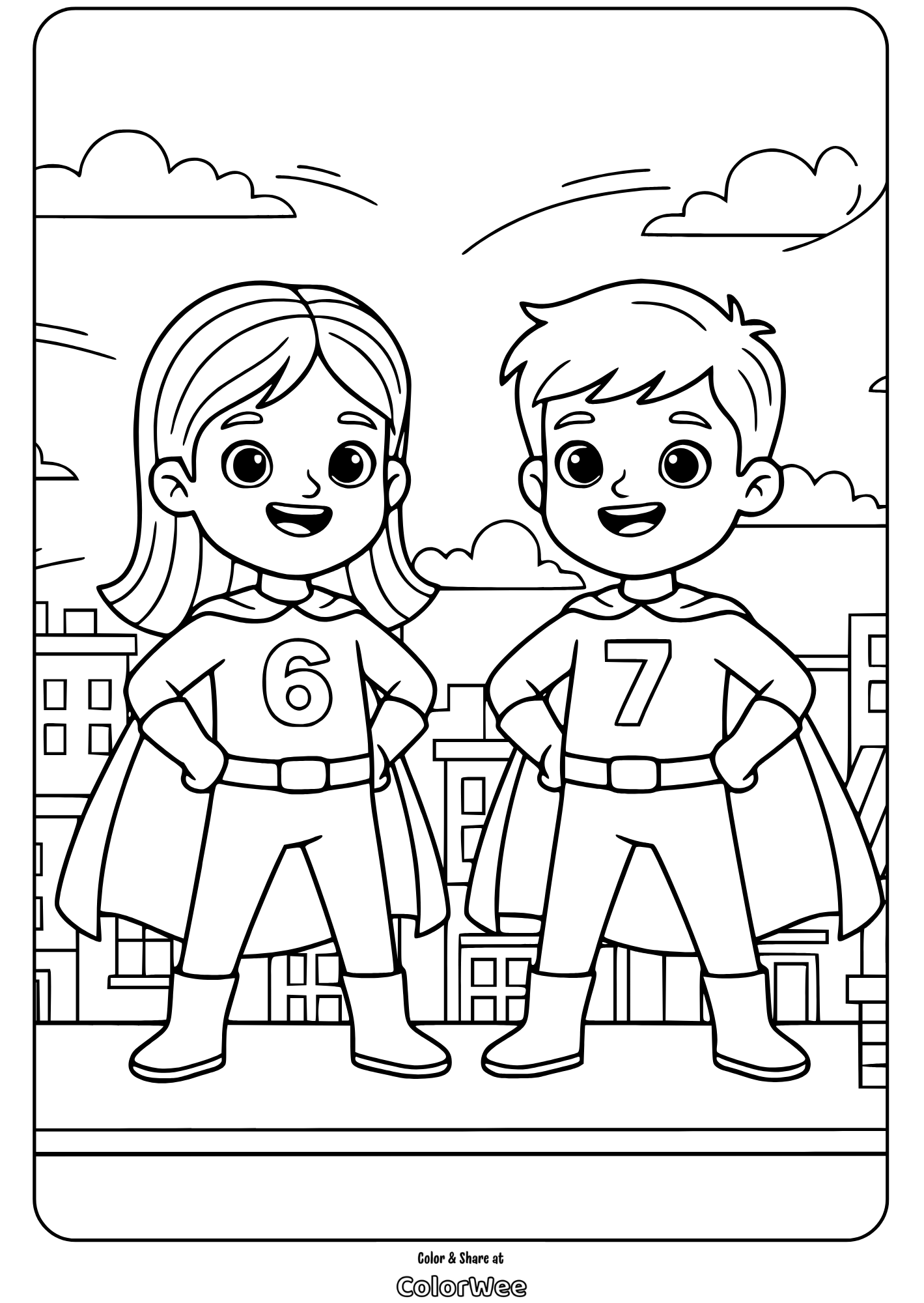 Superhero kids coloring page with numbers 6 and 7 on capes.