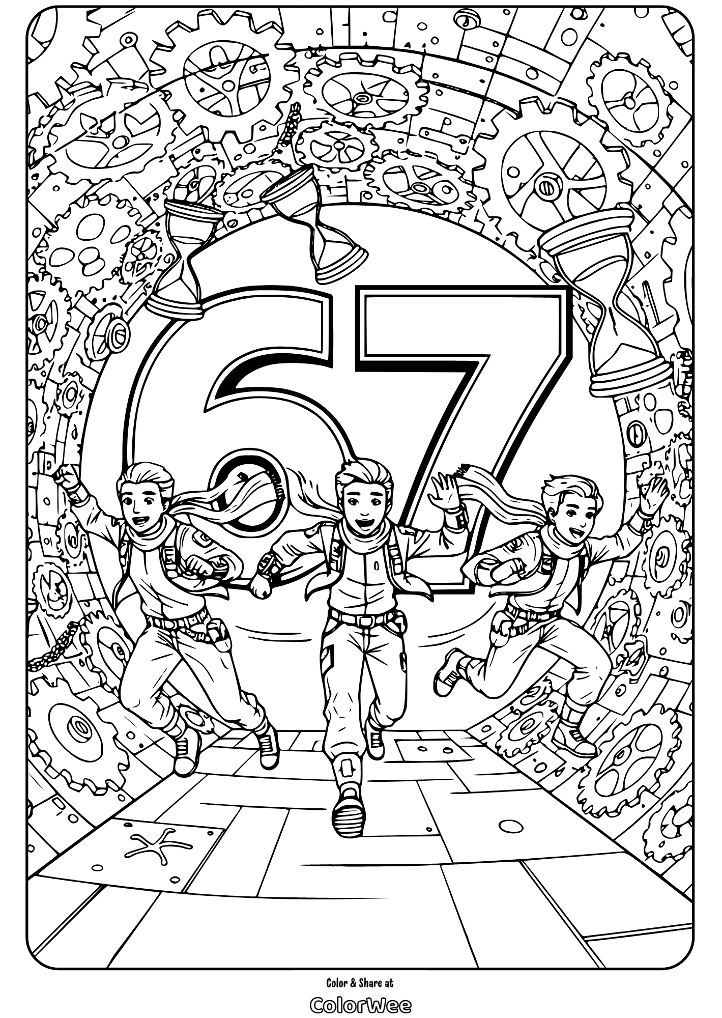 Kids running through gears with number 67 background coloring page