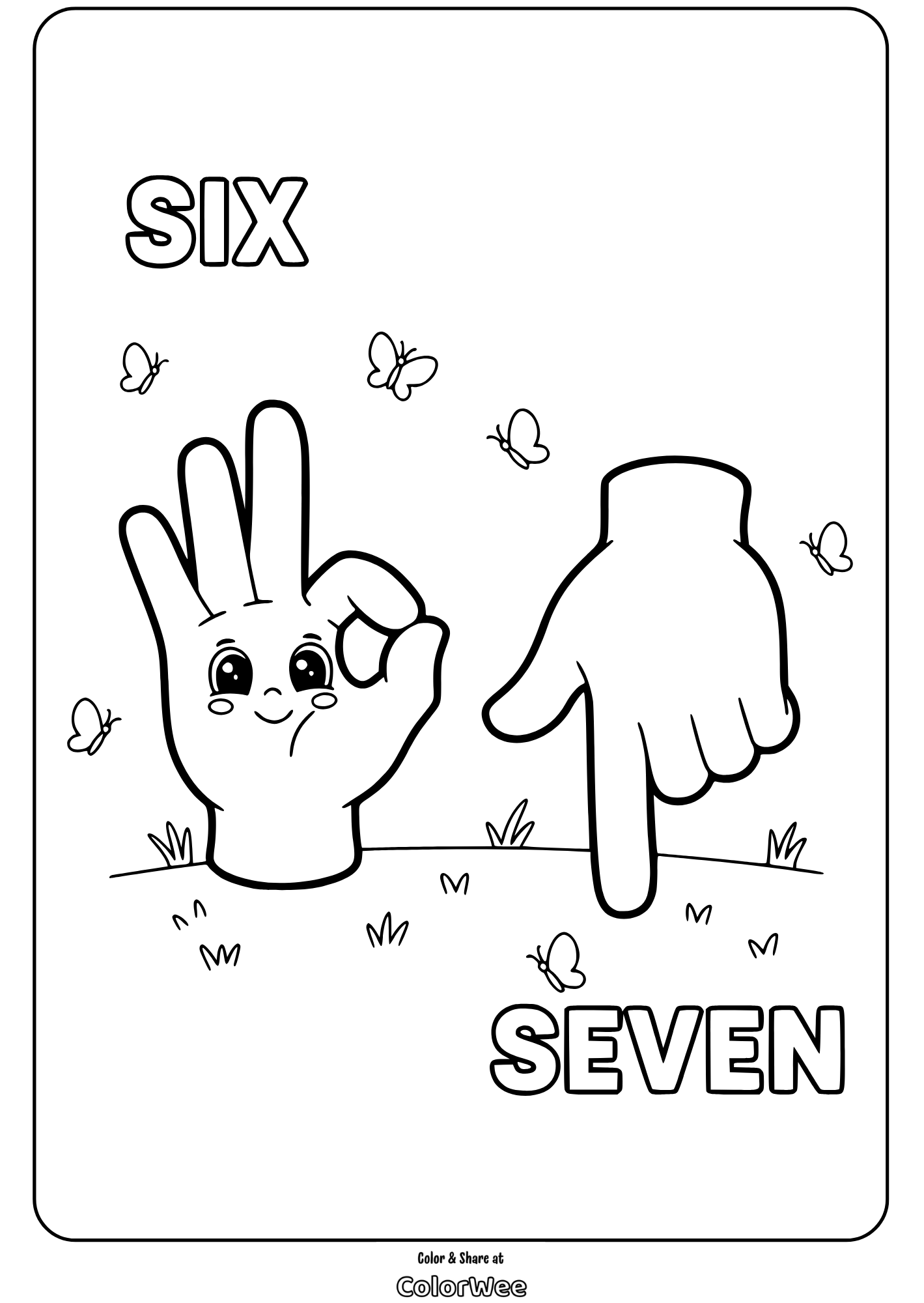 Hand signs for six and seven with butterflies coloring page