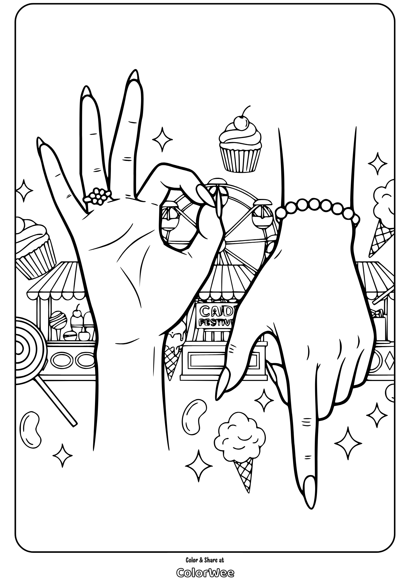 Coloring page: hands with rings, candy festival backdrop, Ferris wheel.