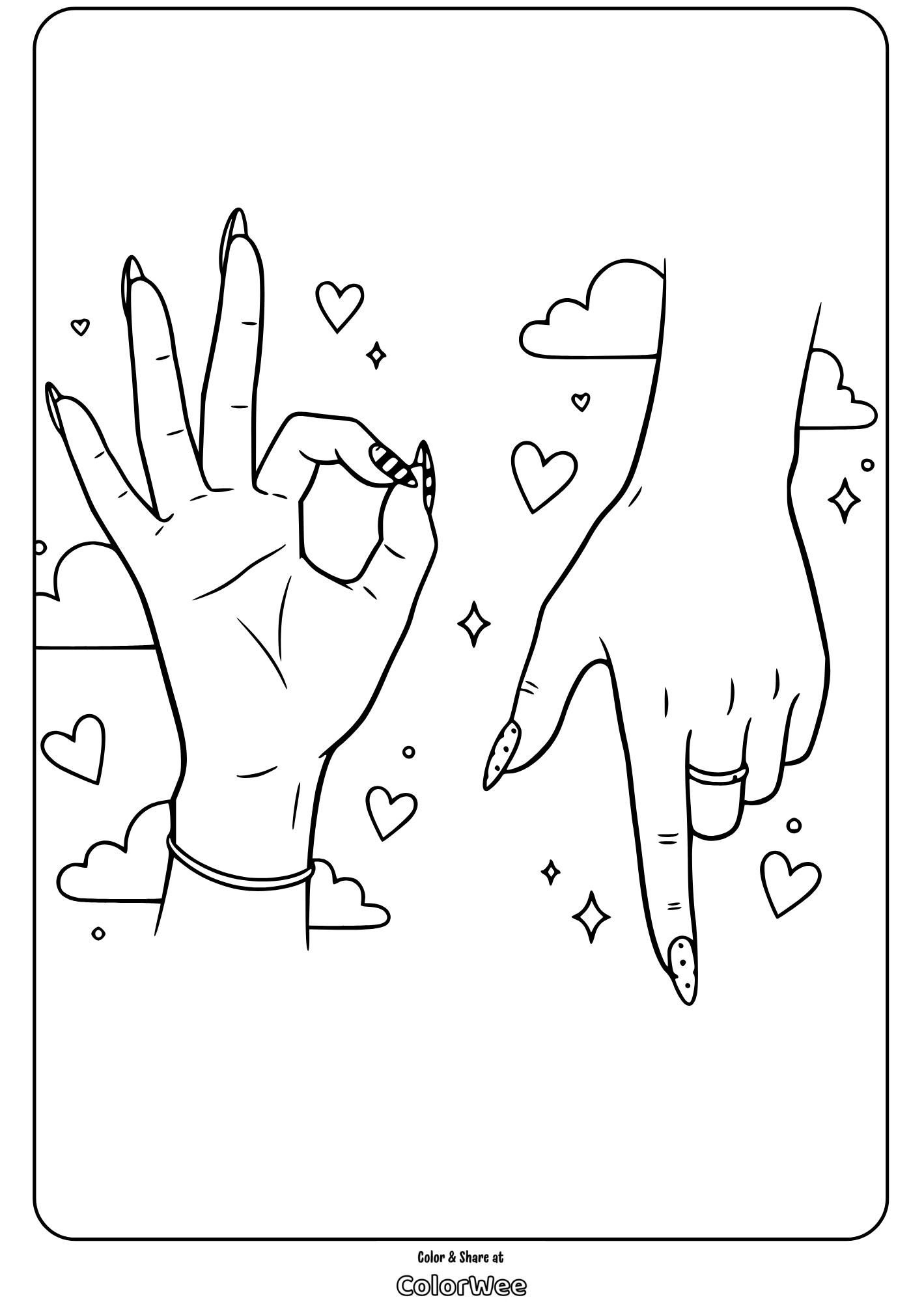 Two hands with hearts and clouds coloring page.