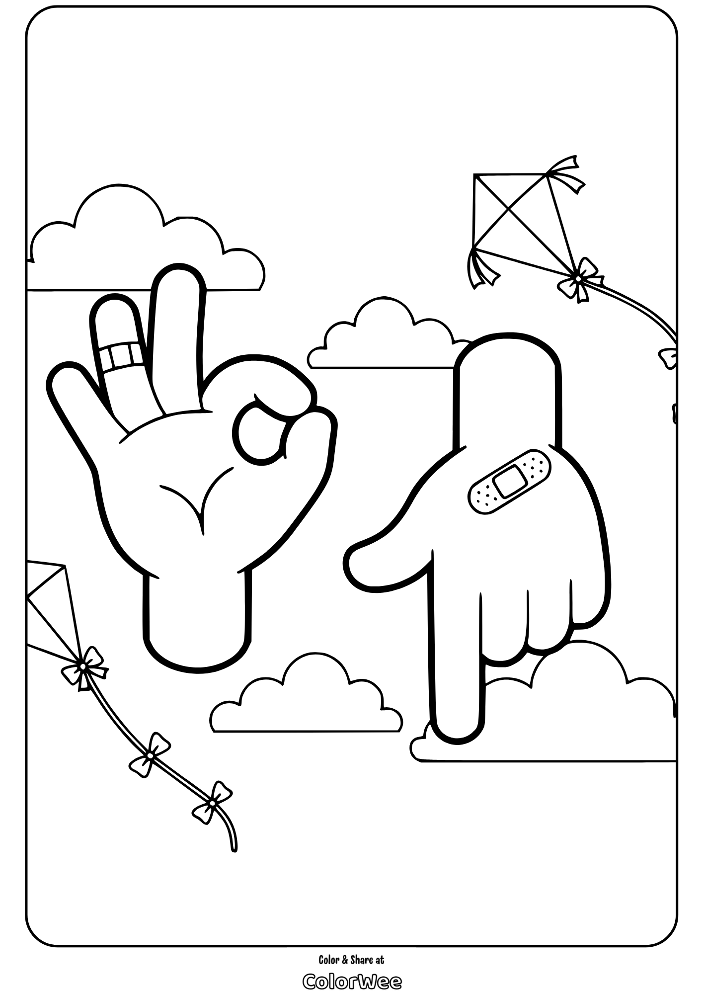 Coloring page with hands and kites in the sky.