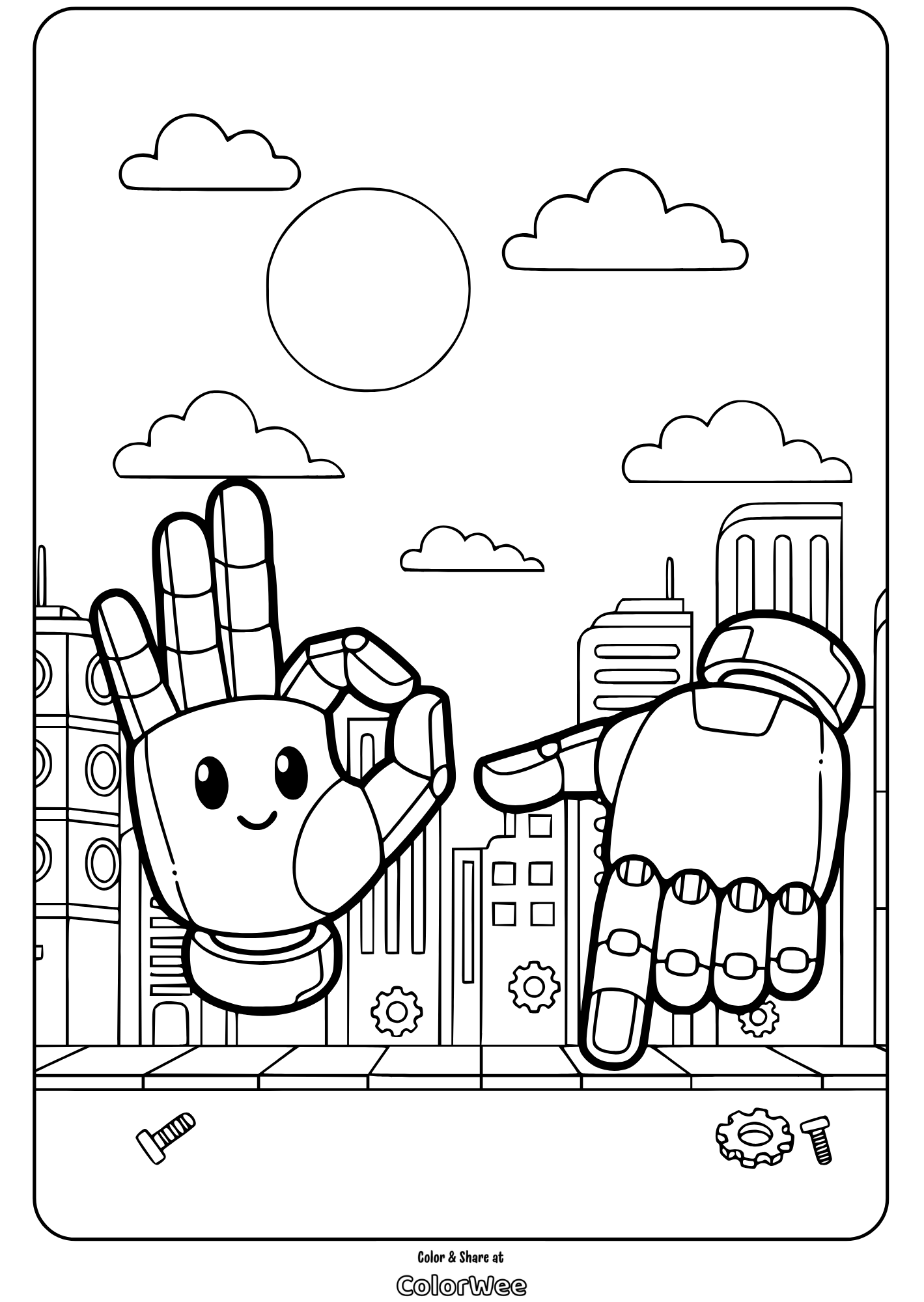 Robot hands coloring page with a cityscape background.