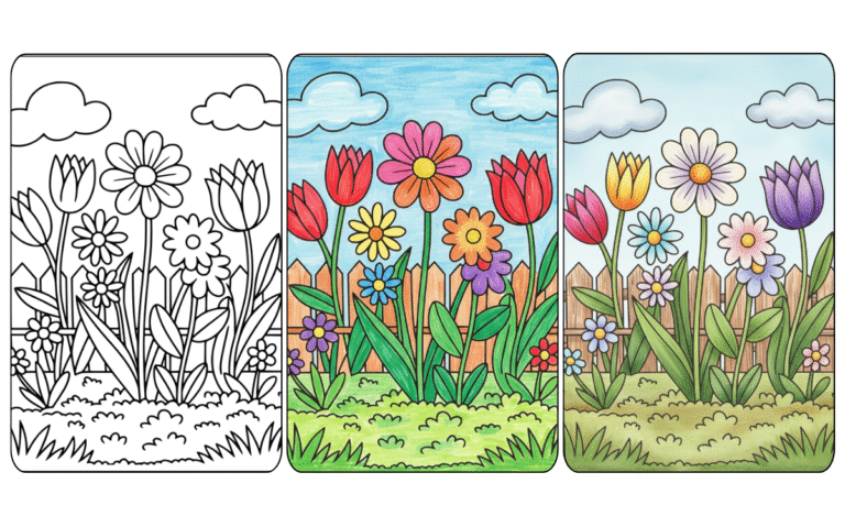 Coloring page of vibrant garden flowers under a cloudy sky.