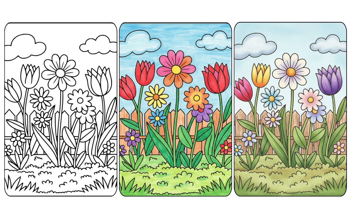 Botanical Coloring Page 1 Coloring page of vibrant garden flowers under a cloudy sky.