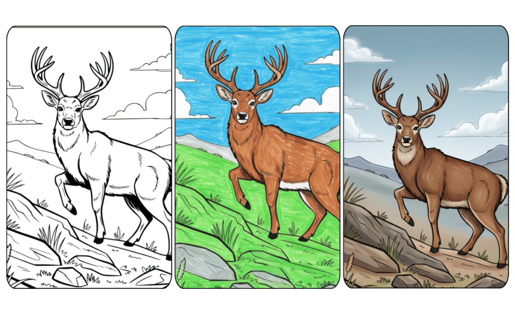 Deer Coloring Page: Outline, Colored, and Realistic Versions