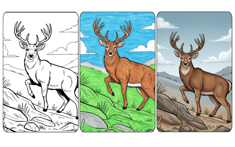 Deer Coloring Page: Outline, Colored, and Realistic Versions