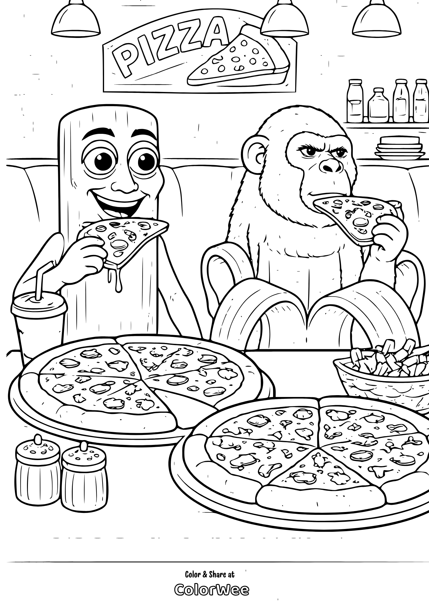 Chimpanzini Bananini and Tung Tung Tung Sahur are enjoying their italian pizza.