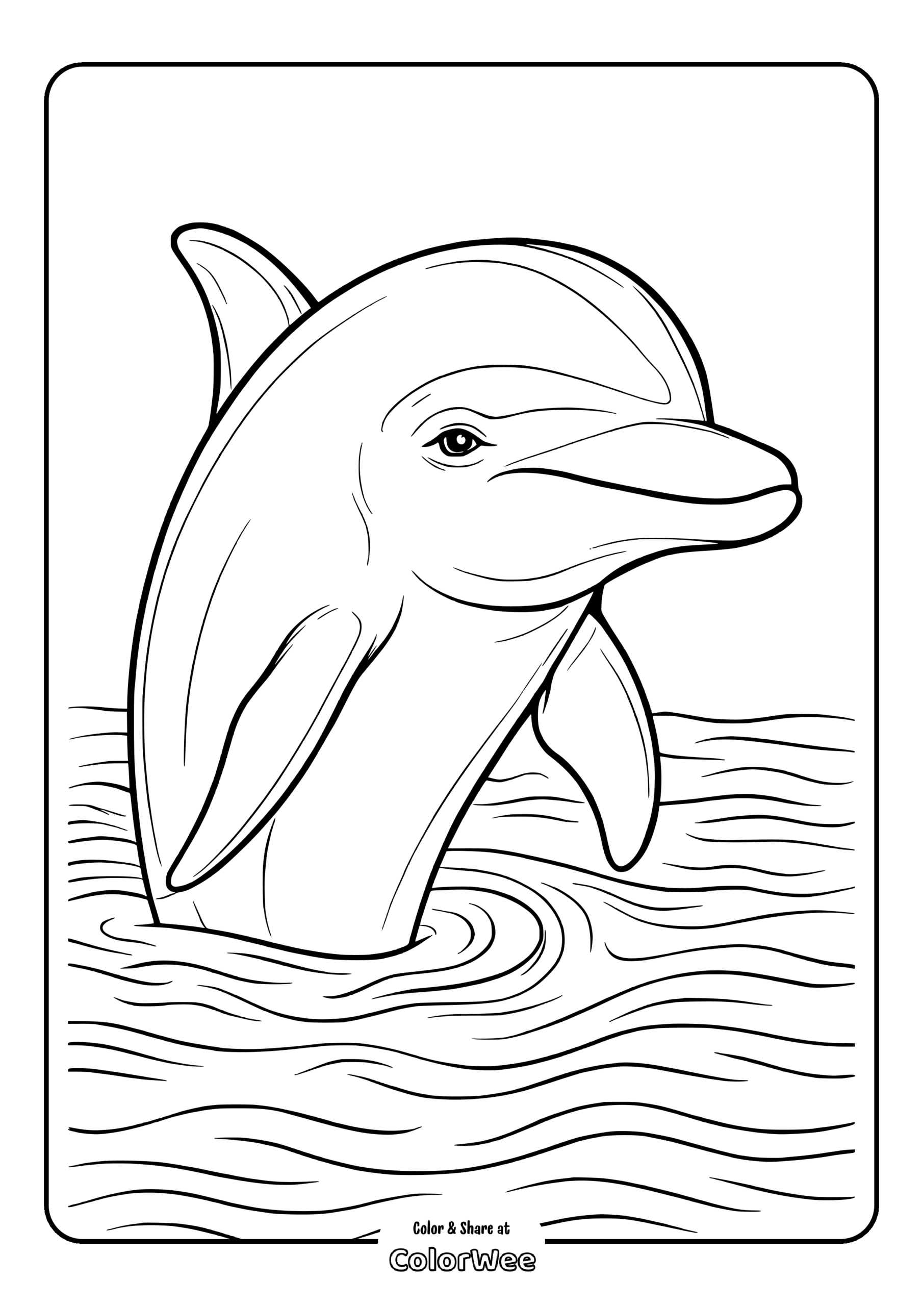 Dolphin coloring page for kids: jumping dolphin in the ocean.