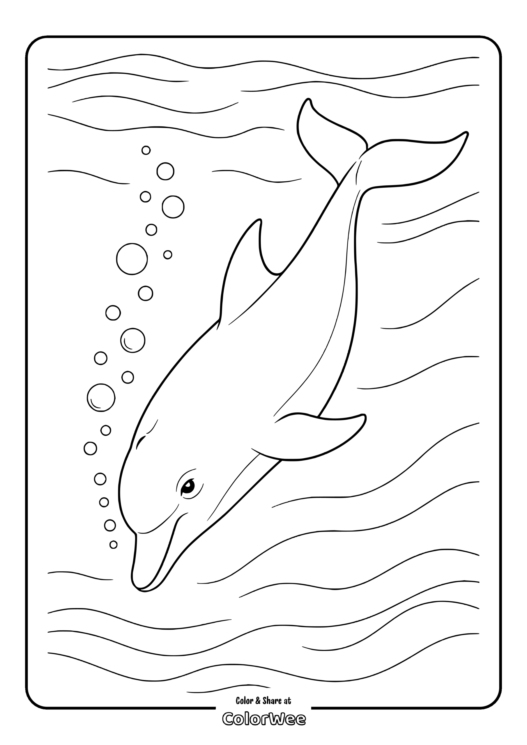 Dolphin coloring page with bubbles and waves.