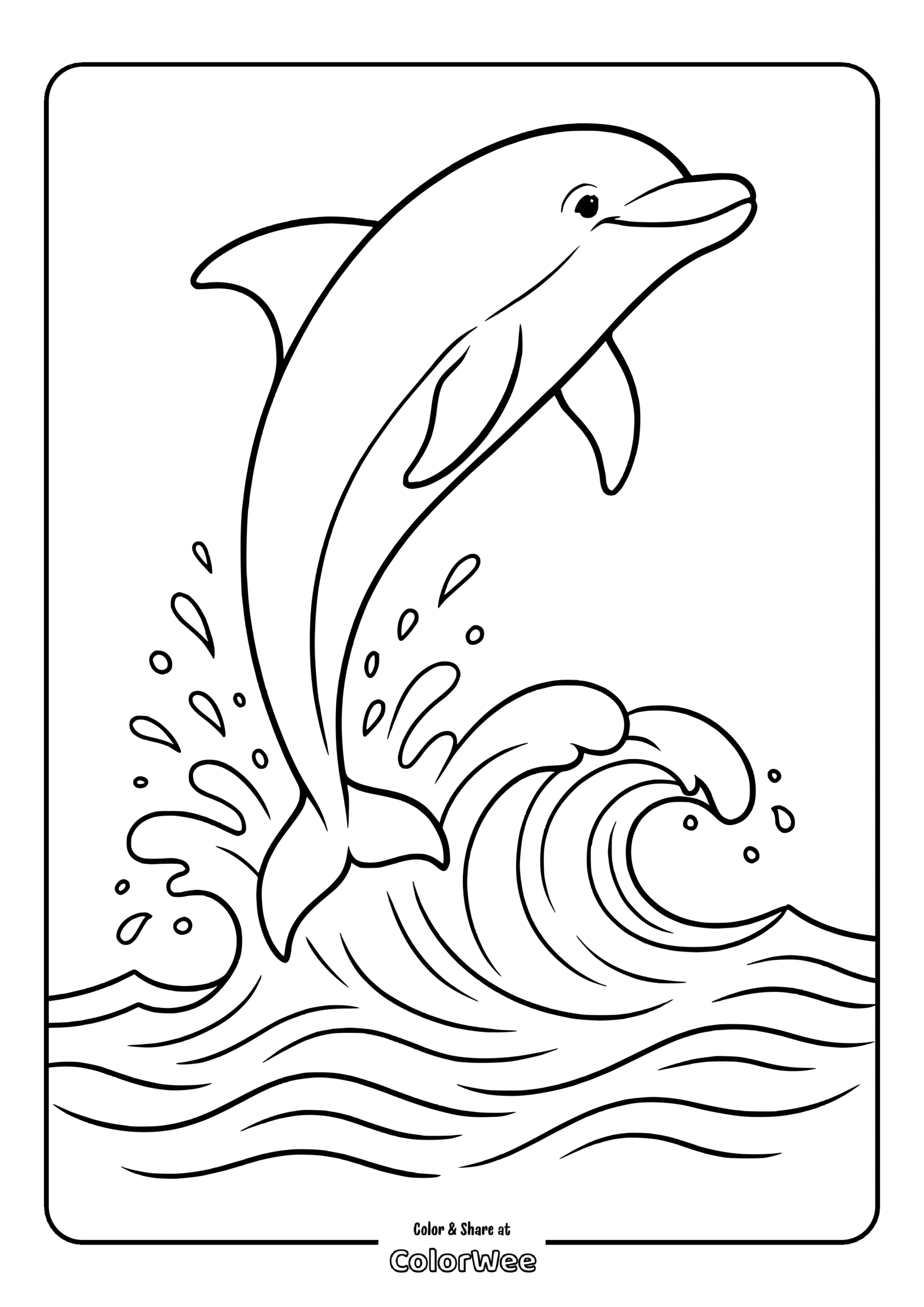 Dolphin jumping over ocean waves coloring page for kids.