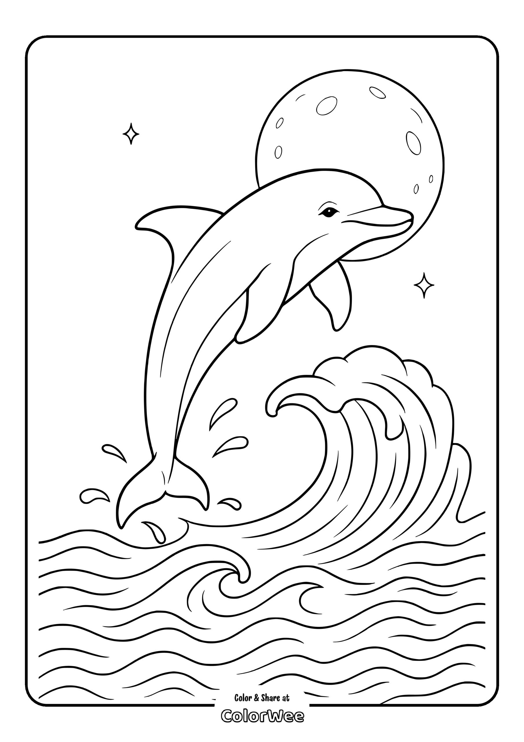 Dolphin leaping over ocean waves under a full moon coloring page.
