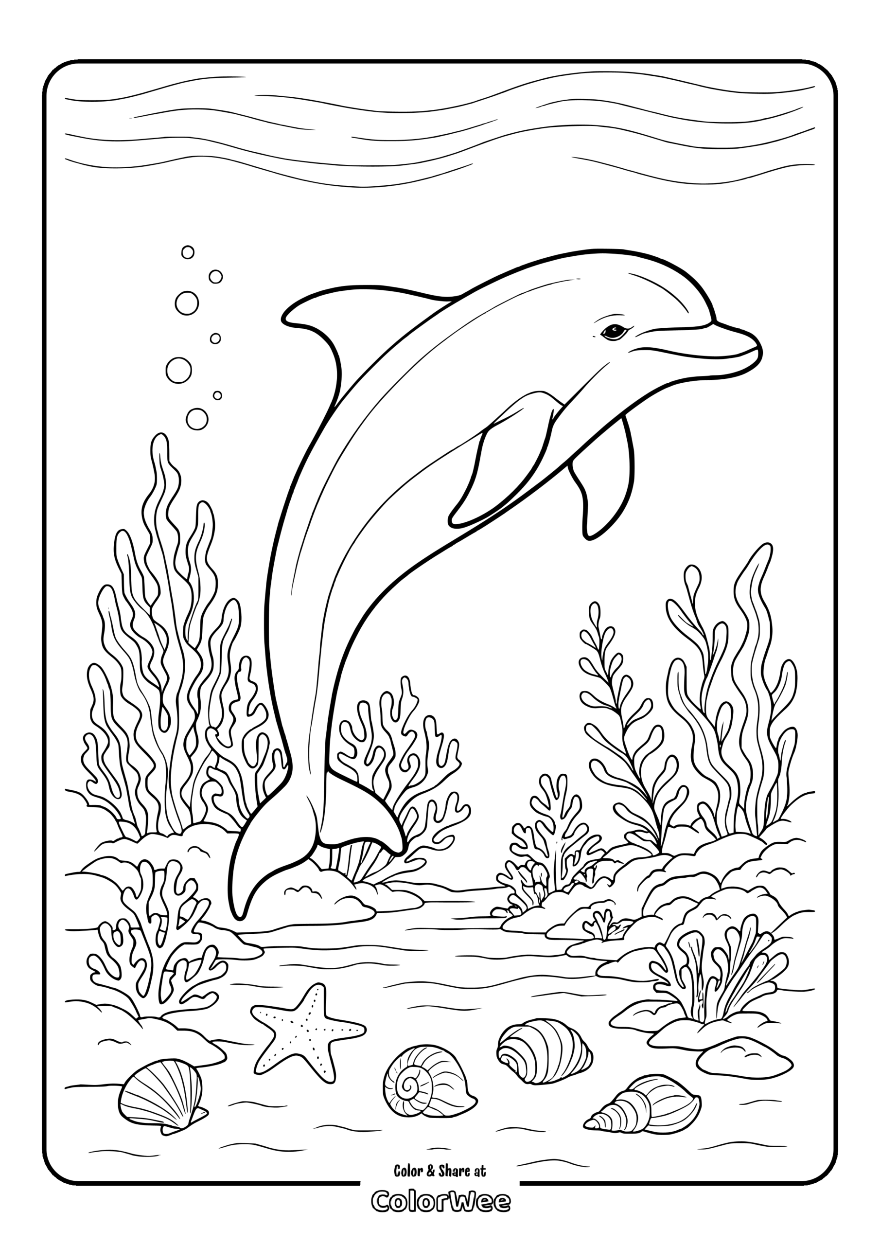 Dolphin swimming in underwater scene coloring page