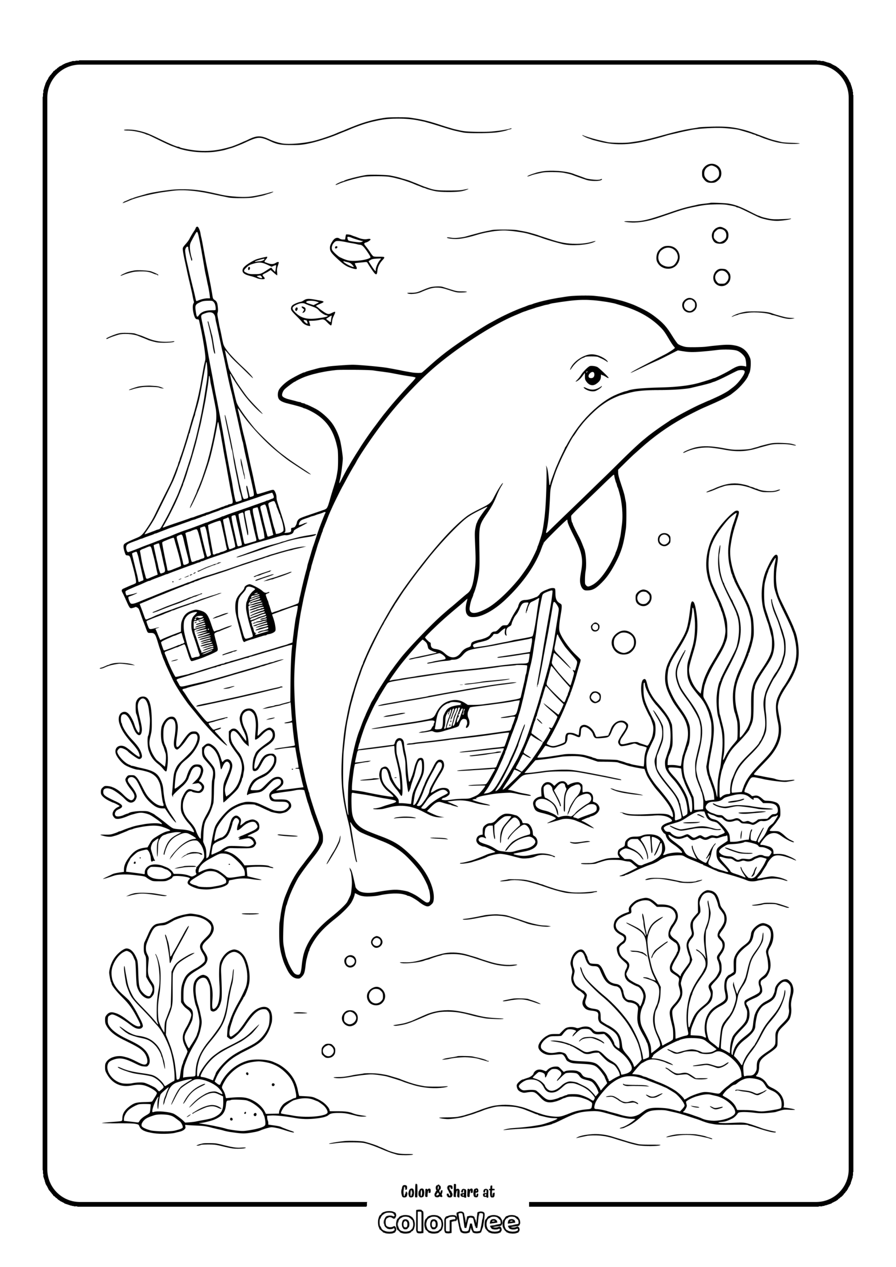 Dolphin swimming by shipwreck coloring page with fish and seaweed.