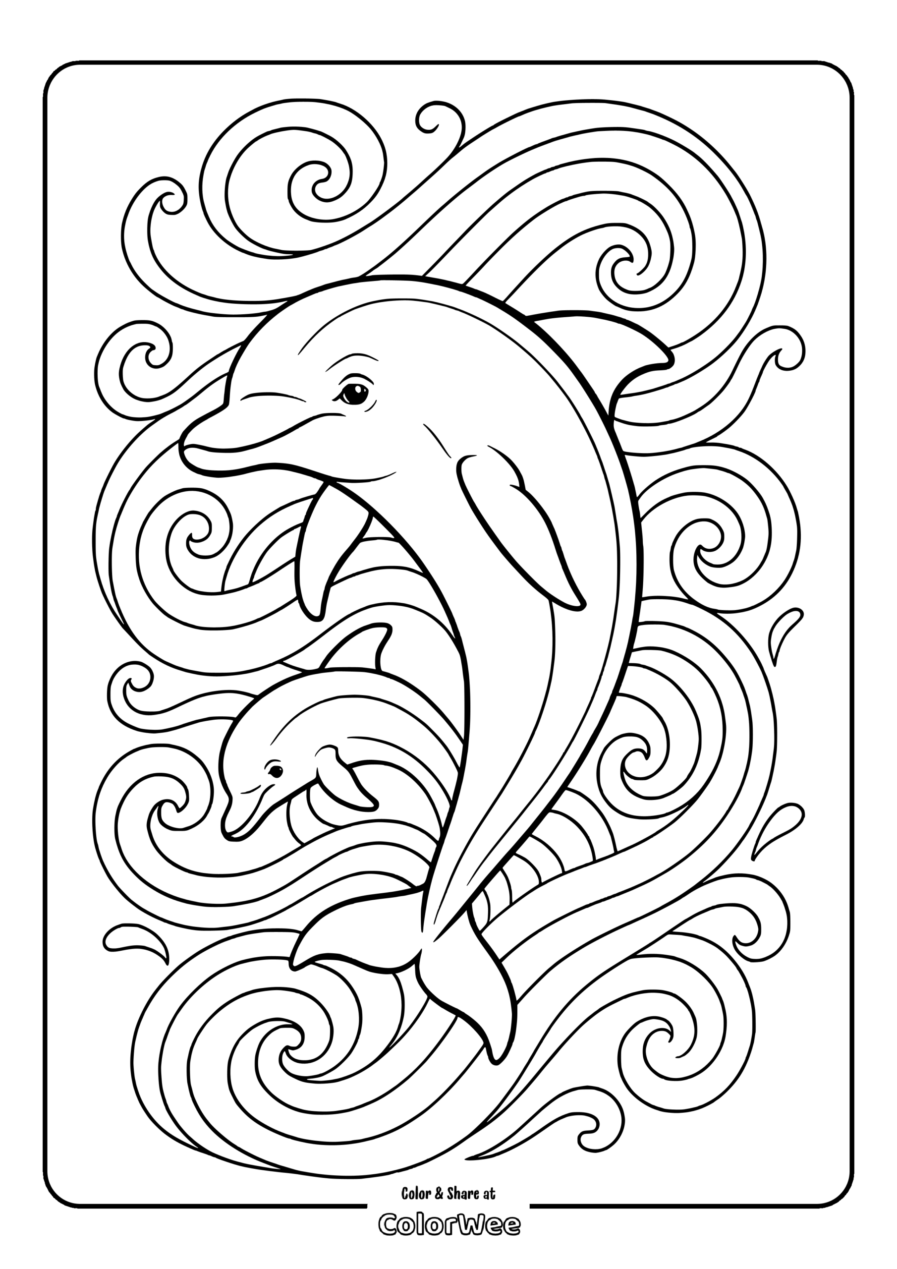 Dolphin coloring page with swirly ocean waves for kids.
