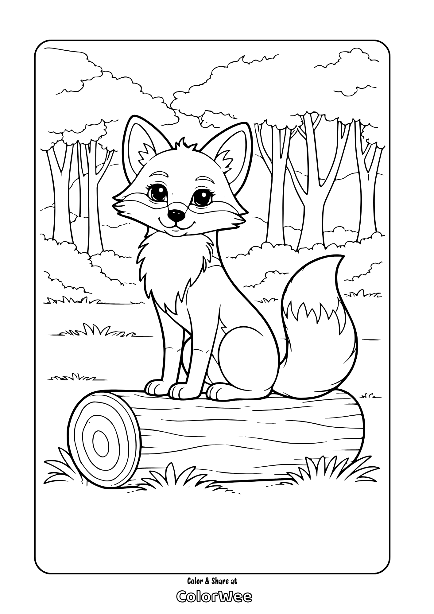 Fox on the log coloring page Cute fox on a log in the forest coloring page.