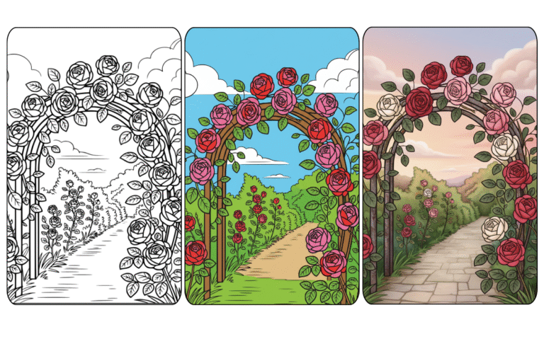 Garden Flowers Coloring Page Rose garden archway coloring page for kids and adults.