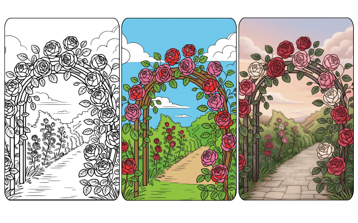 Rose garden archway coloring page for kids and adults.
