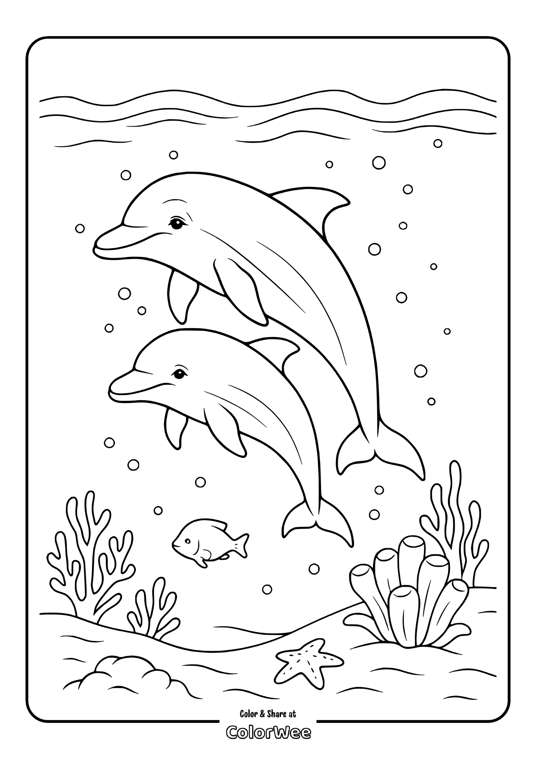 Two dolphins swimming in ocean, coloring page for kids.