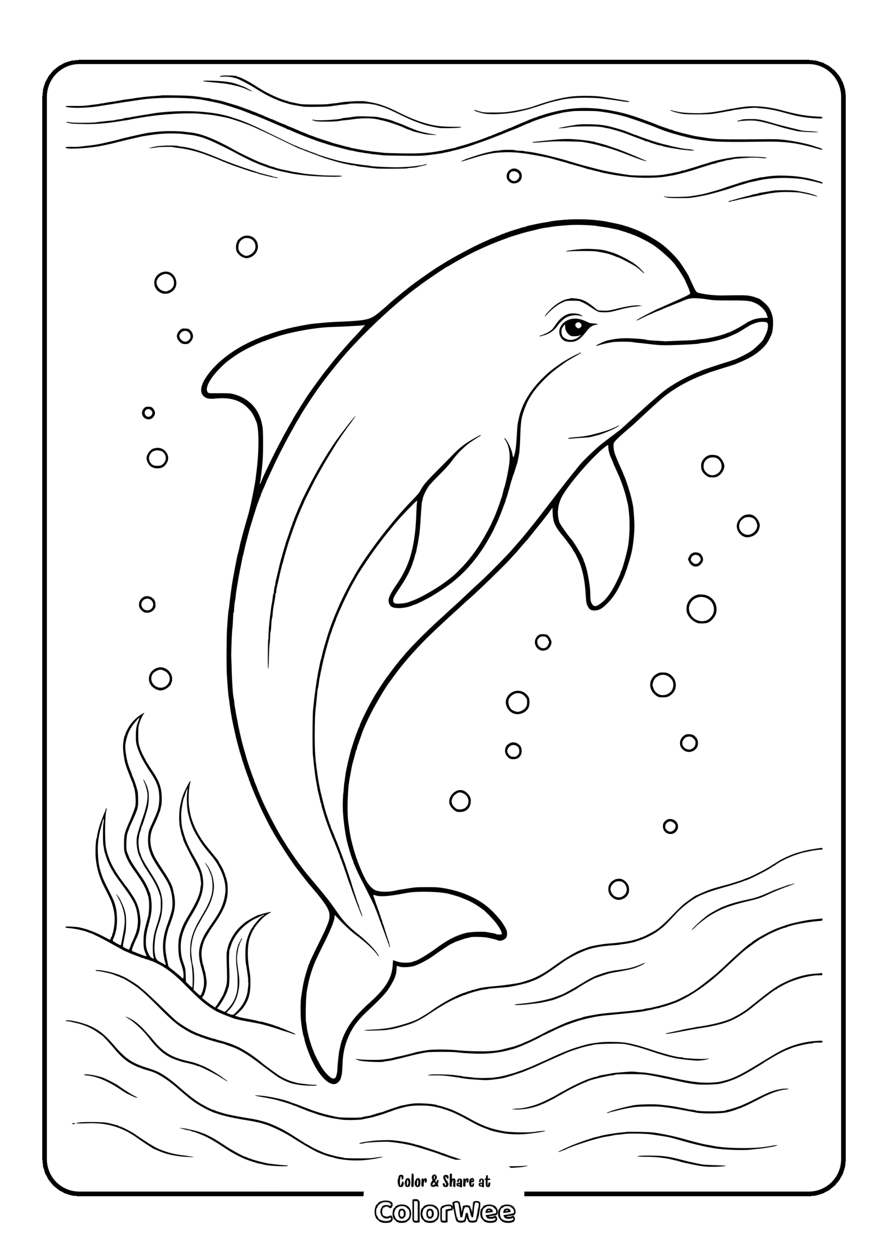 Dolphin coloring page with ocean waves and bubbles.