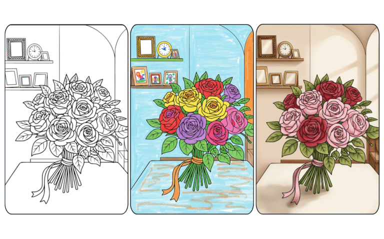 Rose Coloring Page Coloring page of a rose bouquet in three coloring stages.